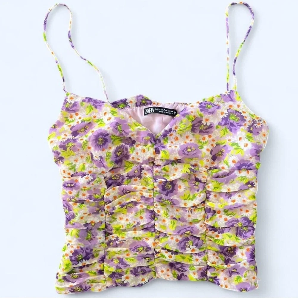 Zara Purple Floral Ruched Crop Top Euro Summer Coastal XS - Picture 4 of 8